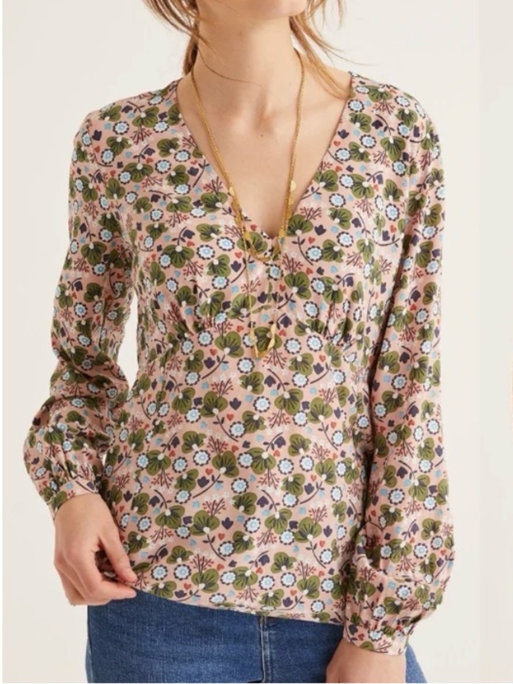 Boden Viola Romantic Bloom Blouse Size 8 Pink Floral Long Sleeve Top